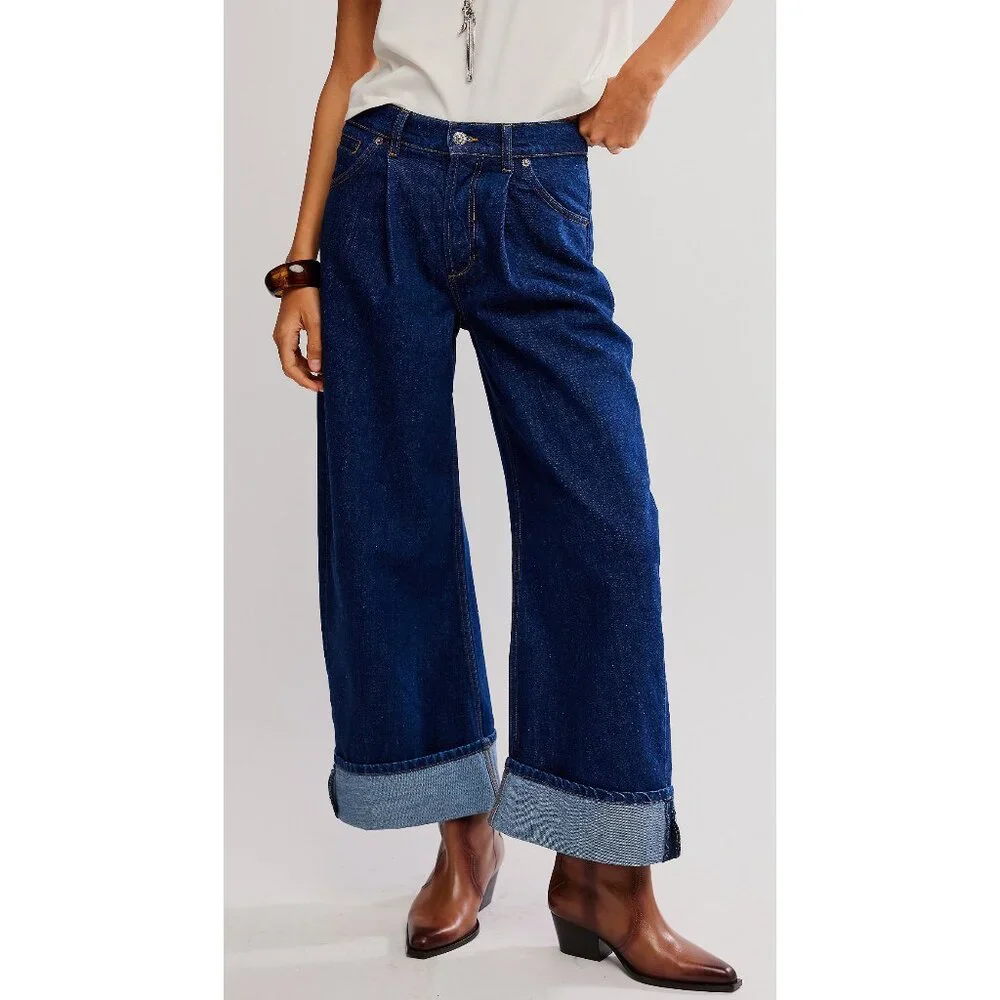 Free People Dark Blue Wide Leg Cuffed Jeans